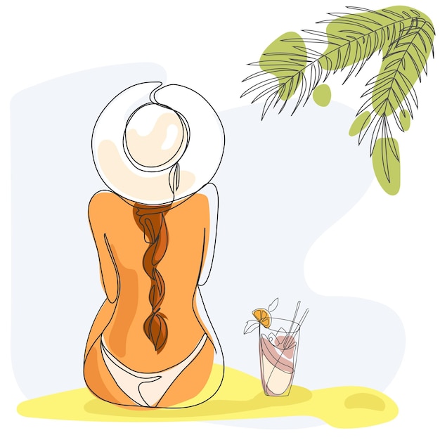 Woman in a hat and swimsuit relaxing on the beach with a cocktail.Vector Line art. Summer vacation