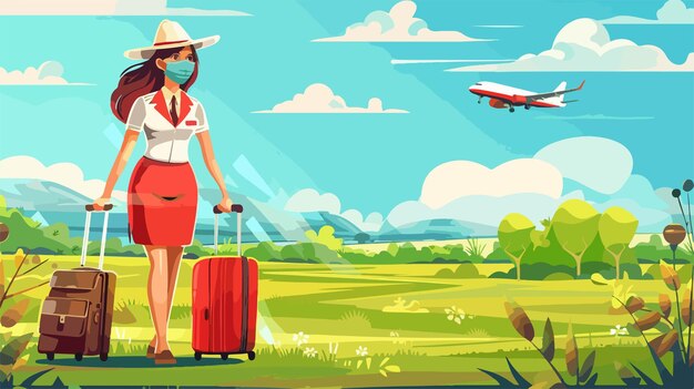 Vector a woman in a hat with a suitcase and a plane flying in the background