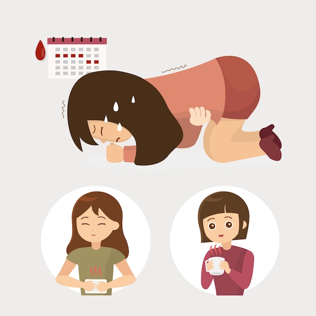 Woman have bad cramps hot compress therapy and drink hot tea illustration