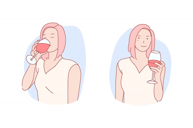 woman having glass of wine illustration