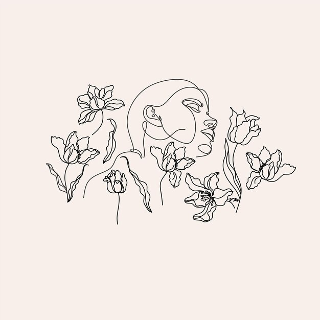 Vector woman head with flowers continuous line drawing set female nature one line abstract portrait woman face minimalist contour wall art design elegant logo for cosmetics or hair stylist brand