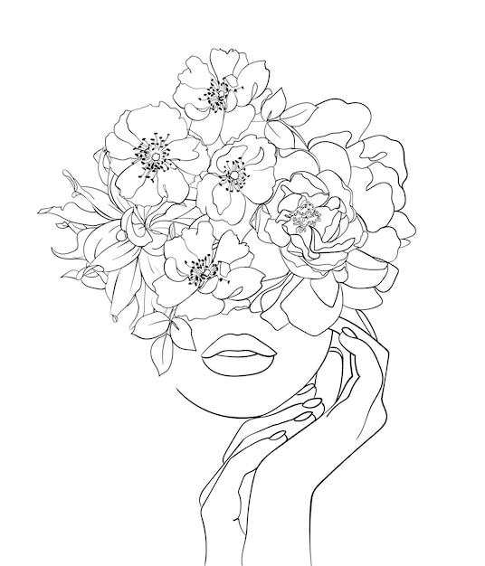 Woman Head with Flowers One Line Drawing Vector illustration