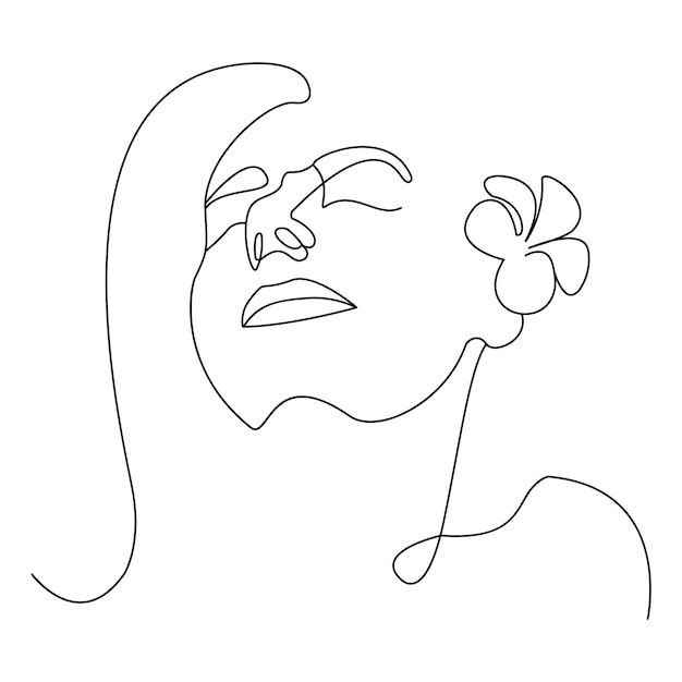 Woman head with frangipani flower composition Handdrawn vector lineart illustration