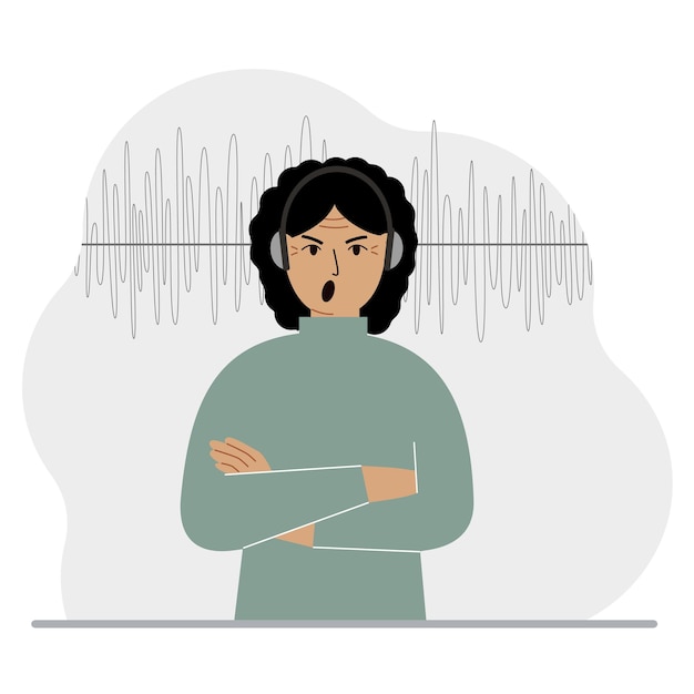 Vector woman in headphones and a sound track concept of online podcast radio online books online learning and music