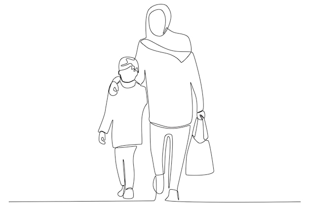 A woman and her child are looking for a place to evacuate Refugee oneline drawing