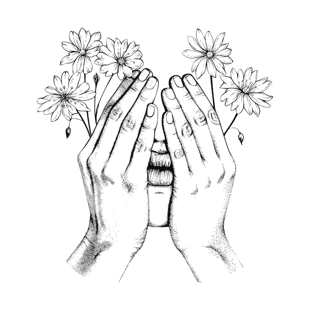 Woman hiding face and flowers in her hands Line vector art