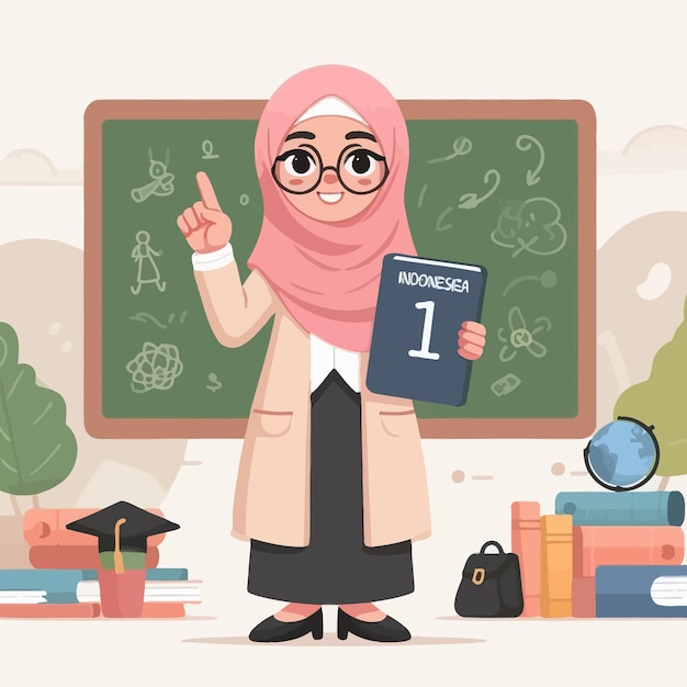 Vector a woman in a hijab stands in front of a chalkboard with a graph on it