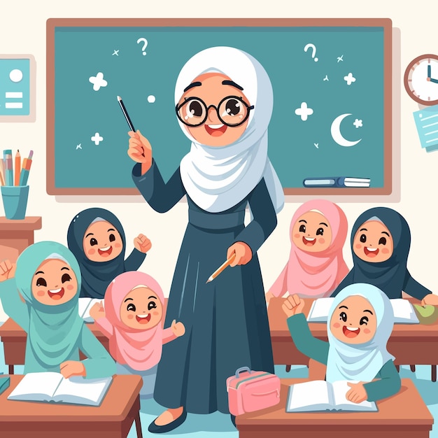 Vector a woman in a hijab stands in front of a chalkboard with a graph on it