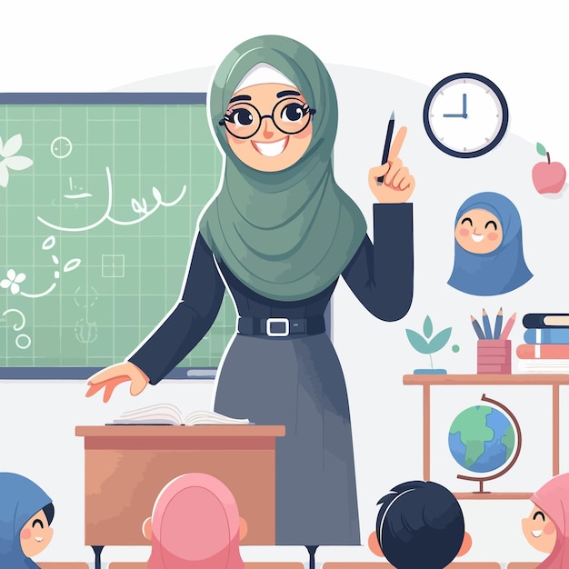 Vector a woman in a hijab stands in front of a chalkboard with a graph on it