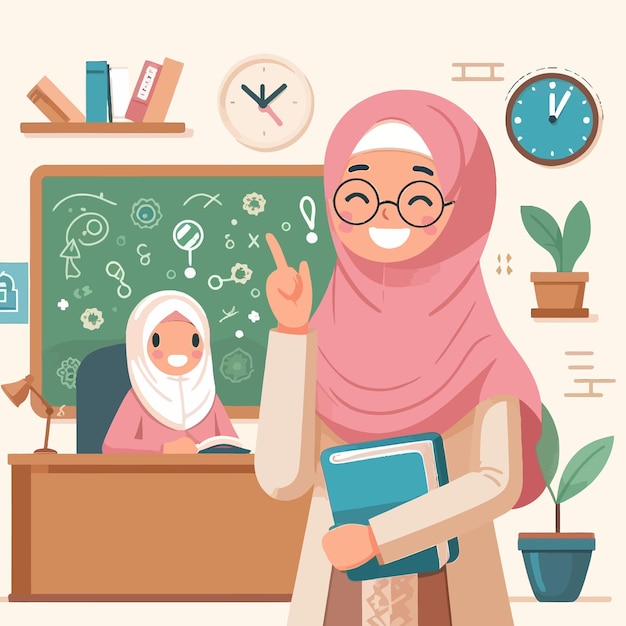 Vector a woman in a hijab stands in front of a chalkboard with a graph on it