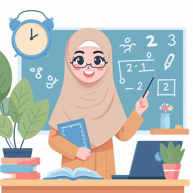 Vector a woman in a hijab stands in front of a chalkboard with a graph on it