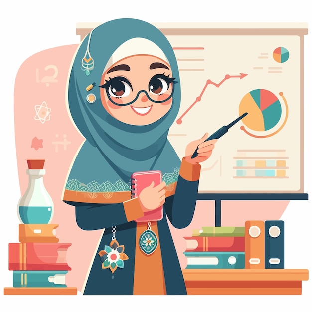 Vector a woman in a hijab stands in front of a chalkboard with a graph on it