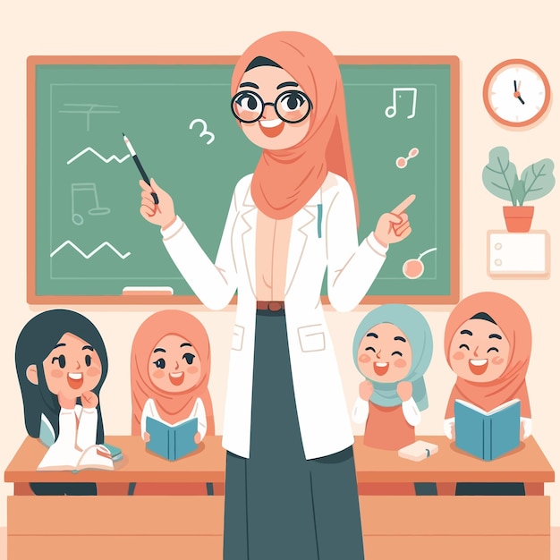 Vector a woman in a hijab stands in front of a chalkboard with a graph on it