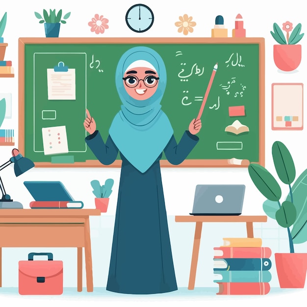 Vector a woman in a hijab stands in front of a chalkboard with a graph on it