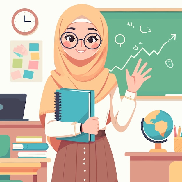 Vector a woman in a hijab stands in front of a chalkboard with a graph on it