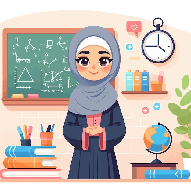 a woman in a hijab stands in front of a chalkboard with a graph on it