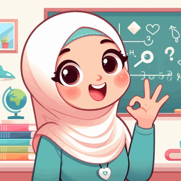 Vector a woman in a hijab stands in front of a chalkboard with a graph on it