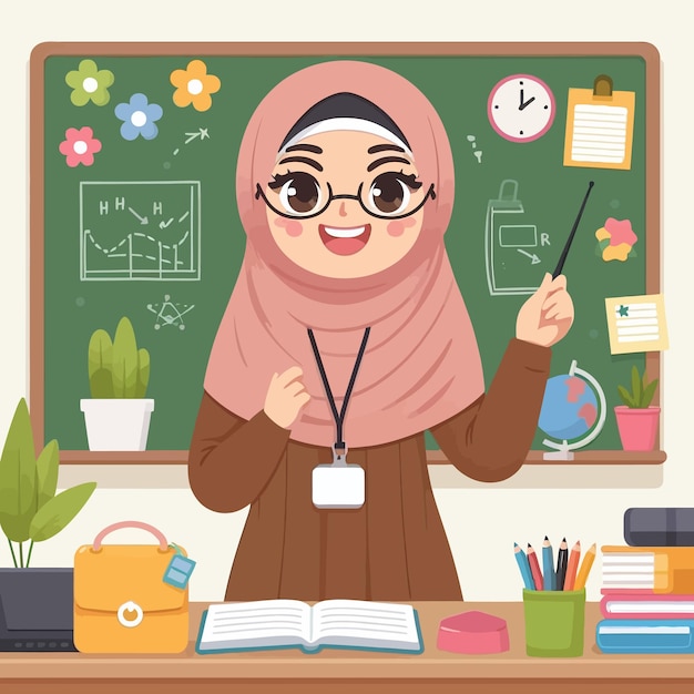 Vector a woman in a hijab stands in front of a chalkboard with a graph on it