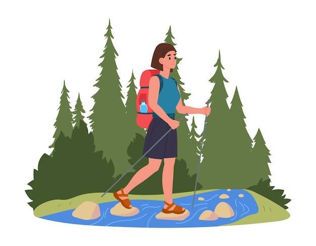 Woman on hike flat vector illustration Lady hiking on trail