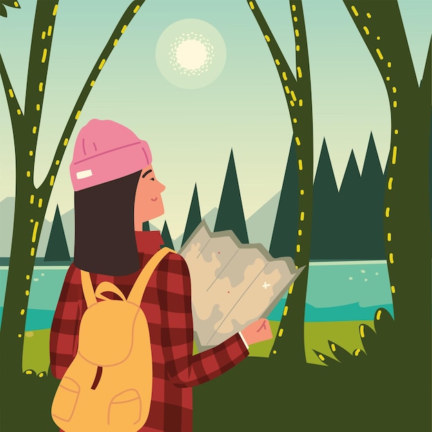 Woman hiker with map exploring nature forest