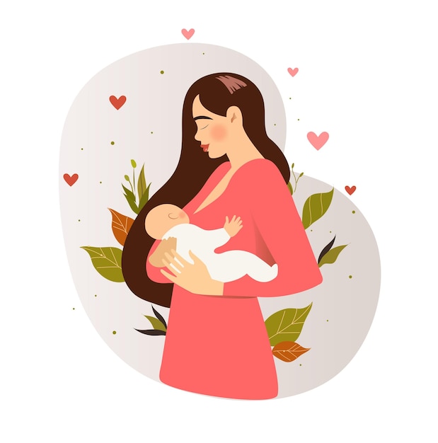 Woman holding baby in her arms. Pregnancy and breastfeeding concept. Vector illustration