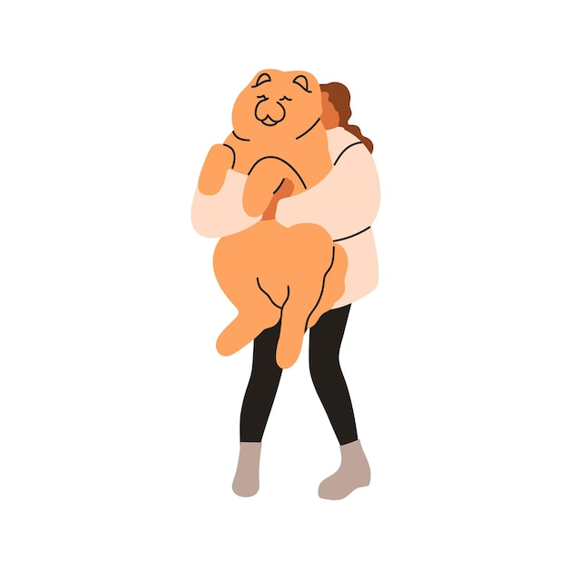 Vector woman holding big furry dog pet owner girl carrying cute giant doggy female character embracing fluffy canine animal with love and care flat vector illustration isolated on white background