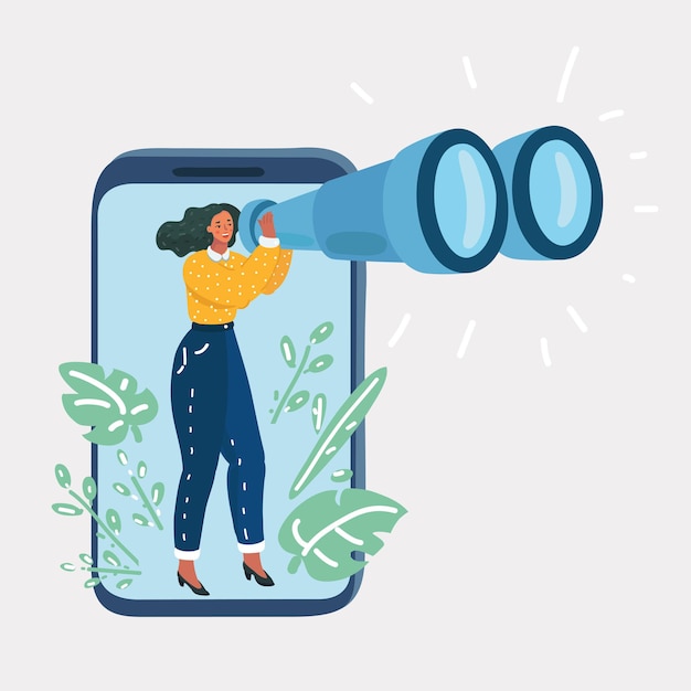 Woman holding binoculars and look thought