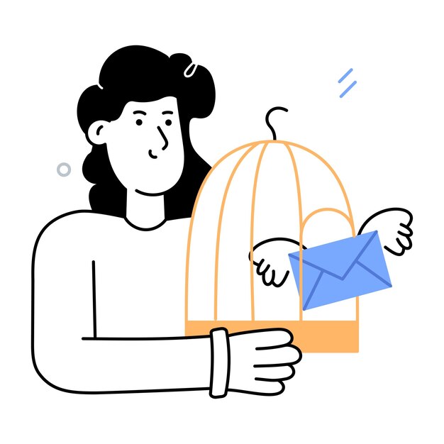 Vector a woman holding a birdcage with an envelope in it.