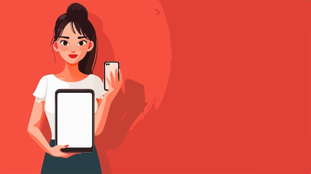 Vector woman holding blank mobile phone on red background vector illustration