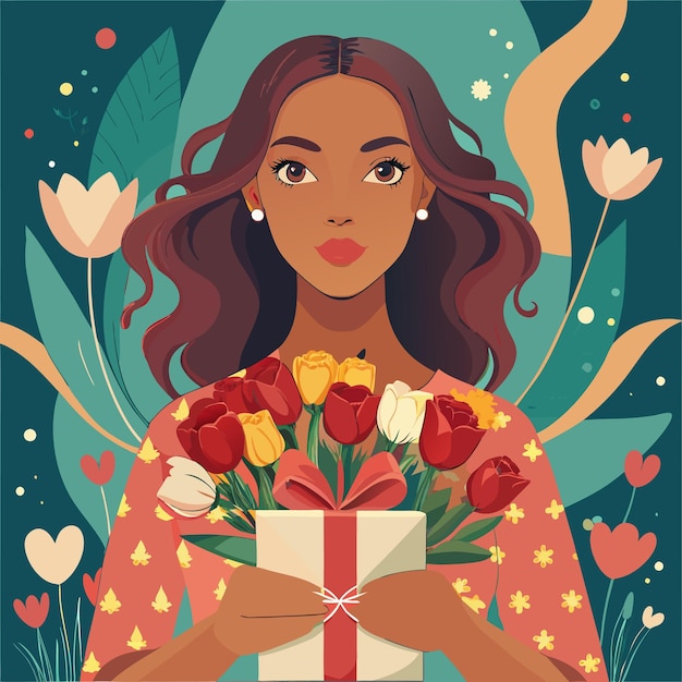 a woman holding a bouquet of flowers with a heart that says