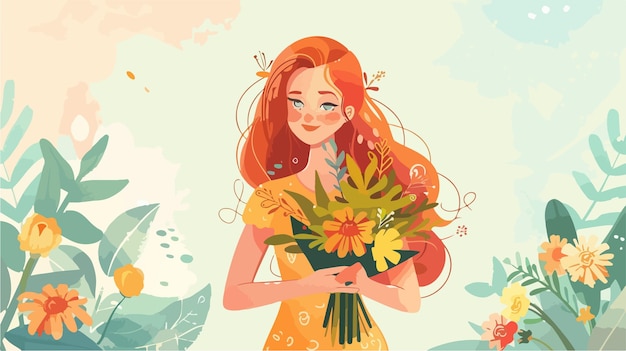 Vector a woman holding a bouquet of flowers with a watercolor background