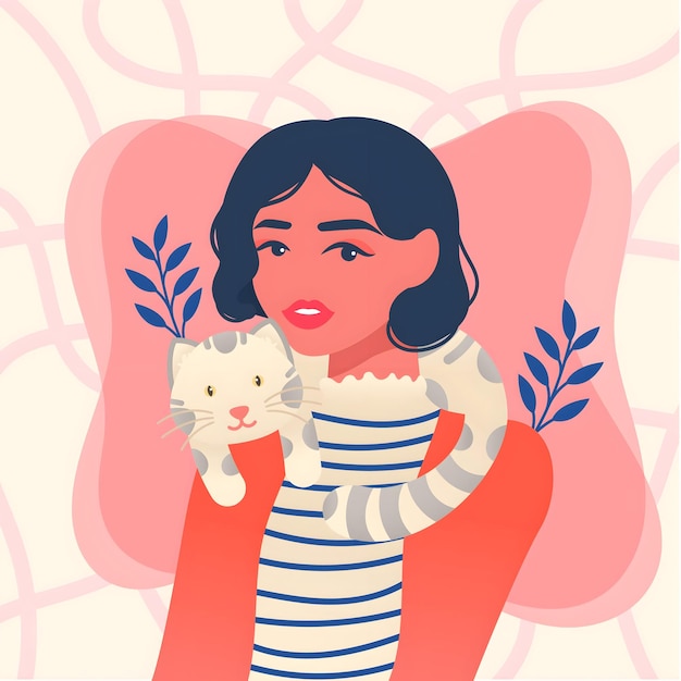 Vector a woman holding a cat and a pink background with a picture of a girl holding a cat