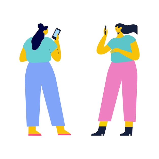 Woman holding cell phone in hand flat vector illustration