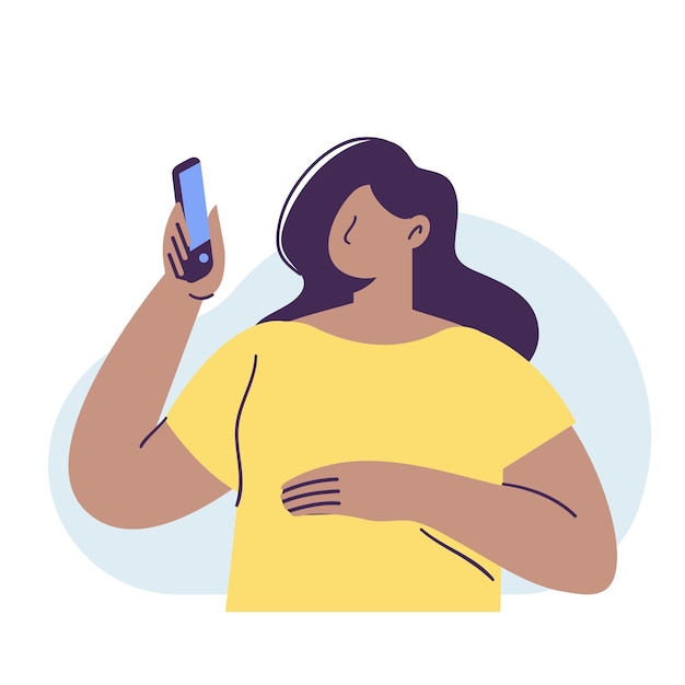 Woman holding cell phone in hand flat vector illustration