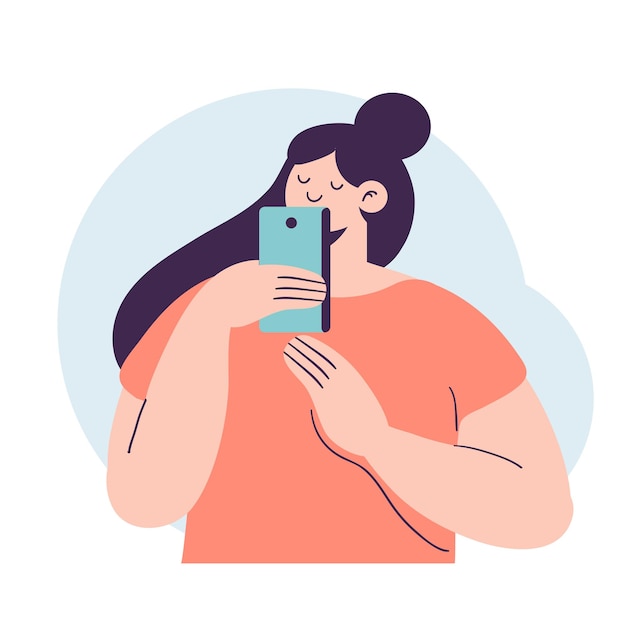 Woman holding cell phone in hand flat vector illustration