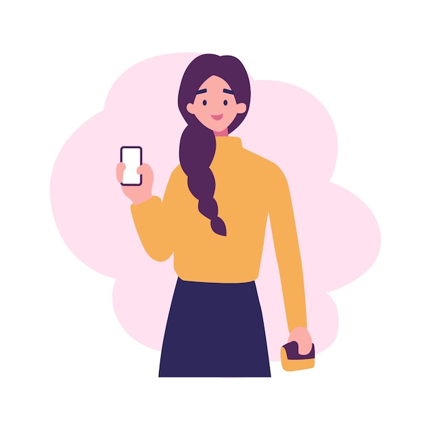 Vector woman holding cellphone displays flat vector illustrations