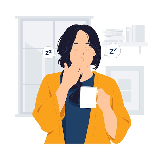 Woman holding cup of tea or coffee in hand at morning sleepy and tired wants to sleep while yawning Night Owl type concept illustration