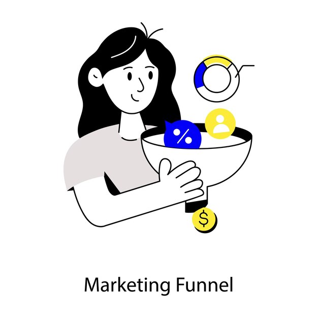 Vector a woman holding a funnel that says marketing funnel.