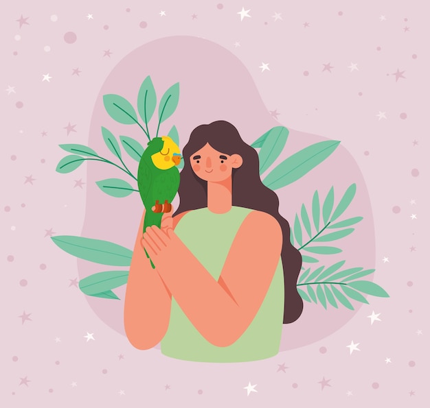 Woman holding green parrot