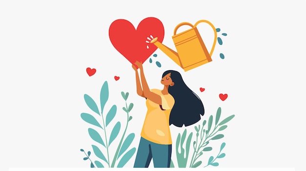 Vector a woman holding a heart with a yellow bucket and a yellow bucket