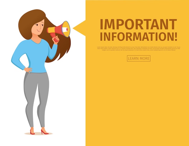 Woman holding loudspeaker calling for attention vector cartoon illustration. Young girl with megaphone in her hand with text template for important information, advertisement, sale design concept