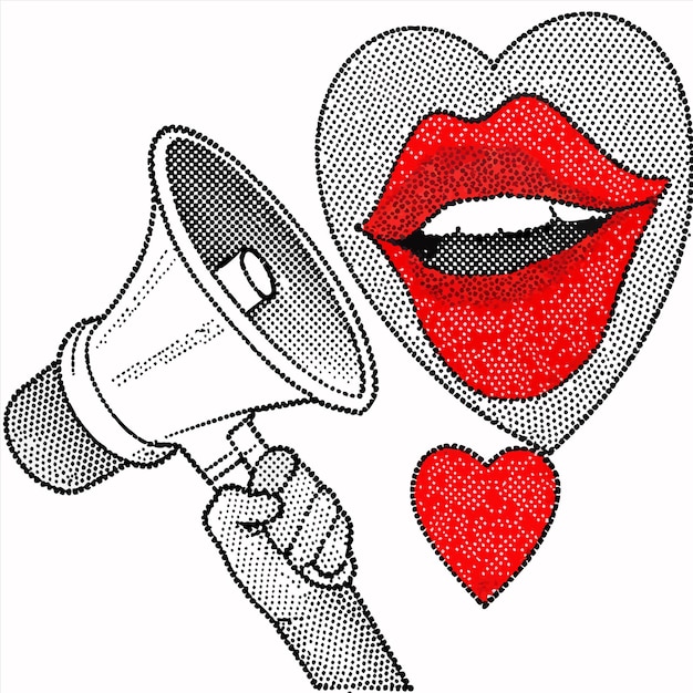 a woman holding a megaphone with a heart in the background