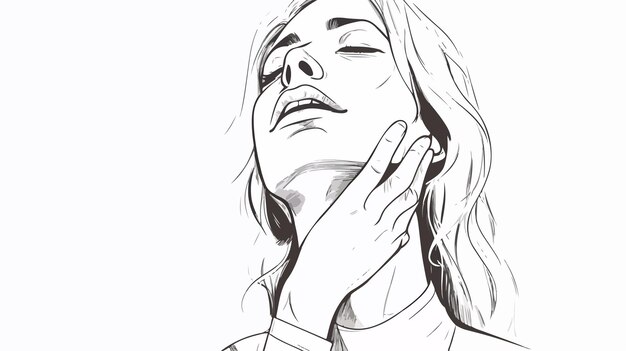 Vector woman holding painful jaw continuous line doodle illustration