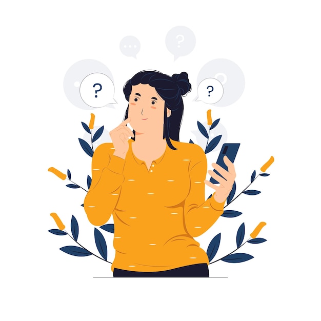 Woman holding phone with questioned, thinking, and confused with question mark looking up with thoughtful focused expression concept illustration