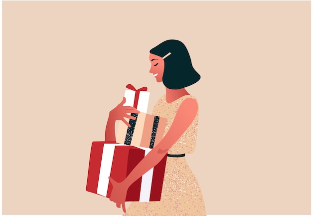 Woman holding a pile of presents in the boxes New Year or Christmas celebration Colorful illustration in modern flat style