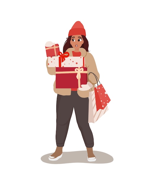 Woman holding a pile of presents in the boxes and shopping bag, New Year or Christmas celebration