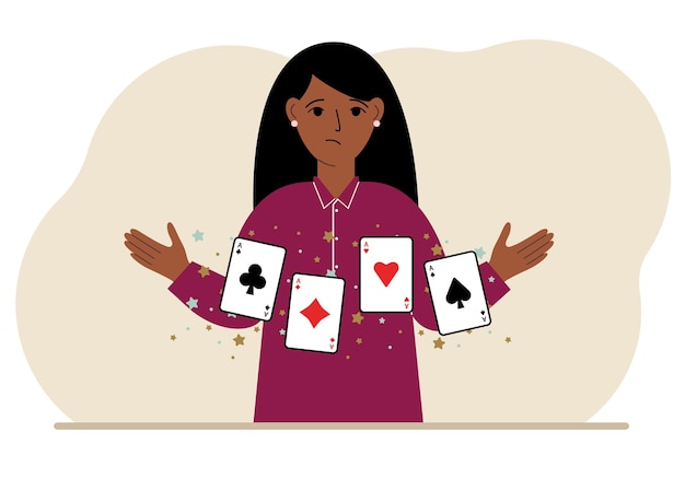 Woman holding playing cards cards Playing combination of 4 aces or four of a kind