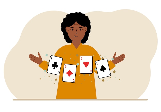 Woman holding playing cards cards Playing combination of 4 aces or four of a kind