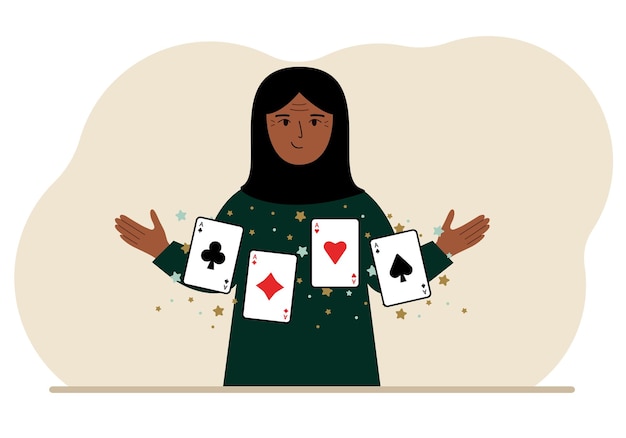 Woman holding playing cards cards Playing combination of 4 aces or four of a kind