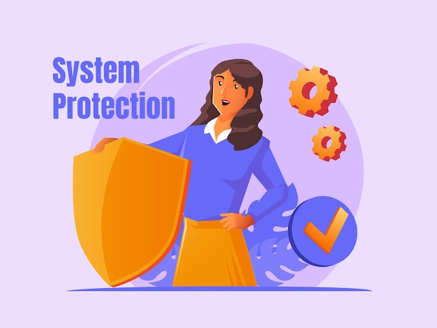 Woman holding shield protection concept